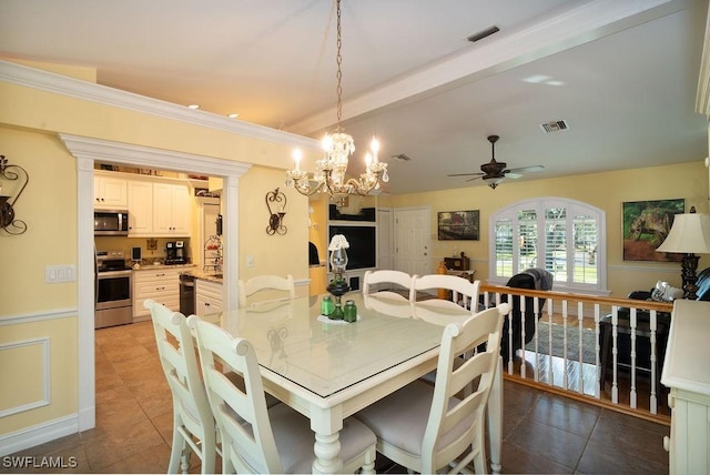 dining space with light tile patterned floors, ceiling fan, ornamental molding, and visible vents