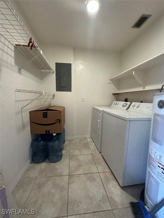 laundry room featuring washer and clothes dryer, visible vents, water heater, laundry area, and electric panel