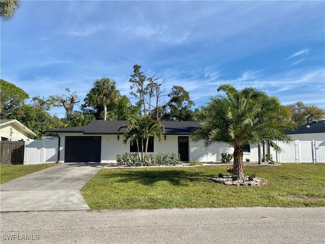 single story home with driveway, a garage, stucco siding, a gate, and a front yard