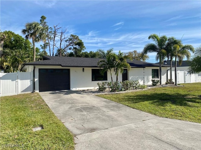 ranch-style house with stucco siding, concrete driveway, an attached garage, a front yard, and a gate