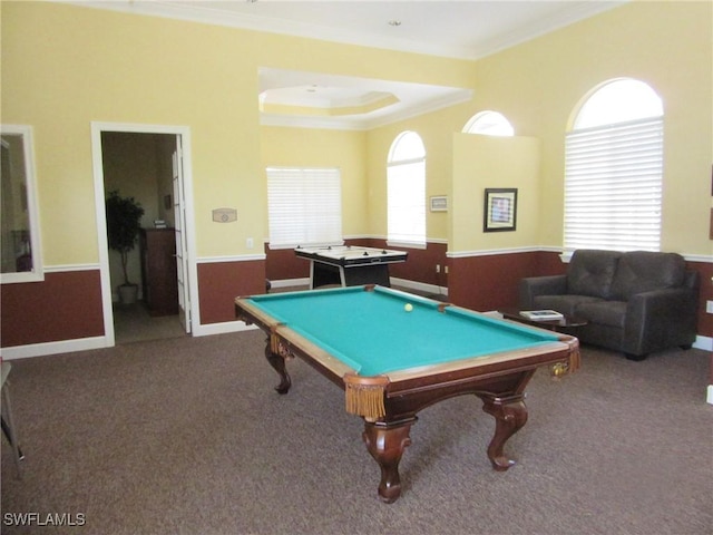 playroom featuring ornamental molding, pool table, a wainscoted wall, and carpet flooring