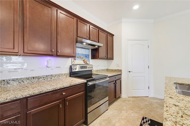 kitchen with ornamental molding, light stone countertops, stainless steel electric stove, under cabinet range hood, and backsplash