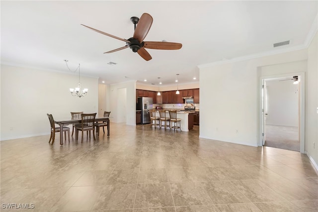 dining room with recessed lighting, visible vents, and ornamental molding