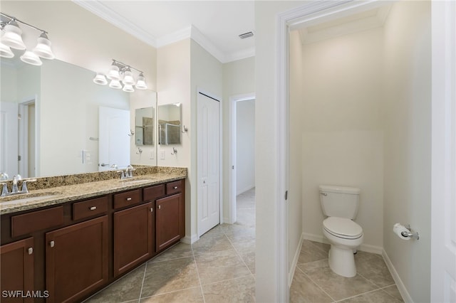 full bathroom featuring double vanity, crown molding, visible vents, and a sink