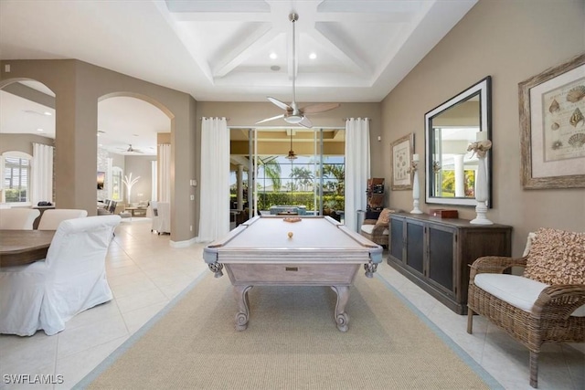 rec room with arched walkways, coffered ceiling, billiards, and a ceiling fan