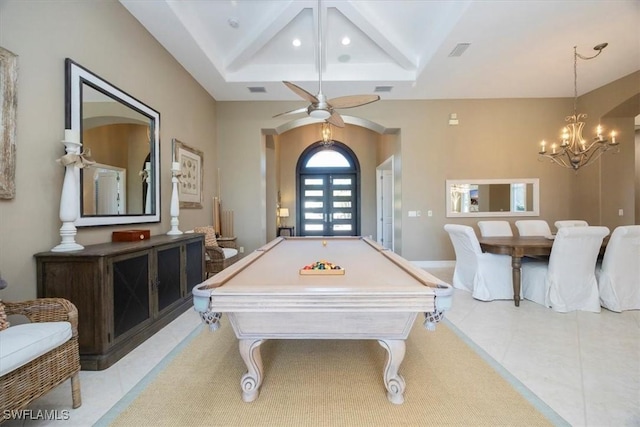 game room with visible vents, coffered ceiling, arched walkways, tile patterned flooring, and beamed ceiling