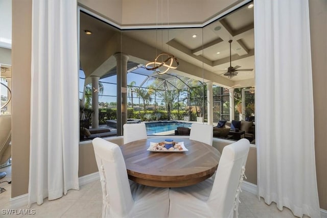 dining room with baseboards, ceiling fan, recessed lighting, light tile patterned flooring, and coffered ceiling