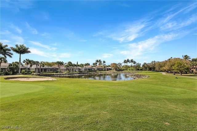 view of home's community with a lawn and a water view