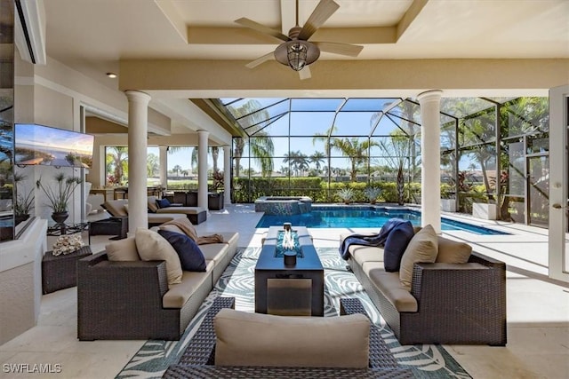 view of swimming pool featuring glass enclosure, an outdoor living space, a patio area, and a pool with connected hot tub