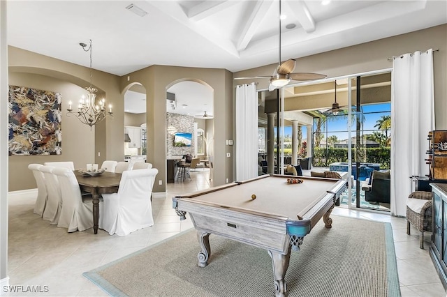 recreation room featuring visible vents, light tile patterned flooring, pool table, and ceiling fan with notable chandelier