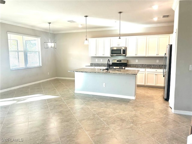 kitchen featuring visible vents, baseboards, ornamental molding, stone counters, and stainless steel appliances