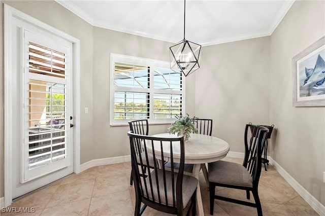 dining room featuring light tile patterned floors, baseboards, a chandelier, and crown molding