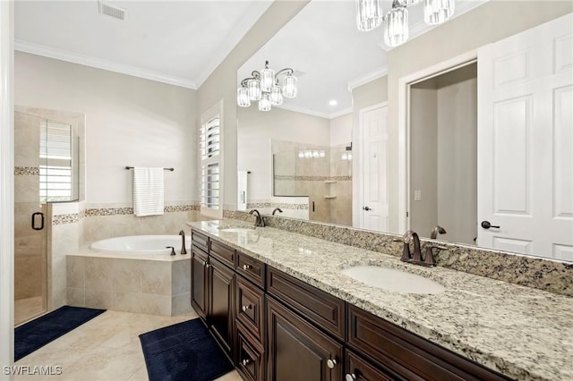 full bath featuring crown molding, visible vents, a sink, and a shower stall