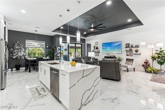 kitchen with white cabinets, appliances with stainless steel finishes, a raised ceiling, and a sink