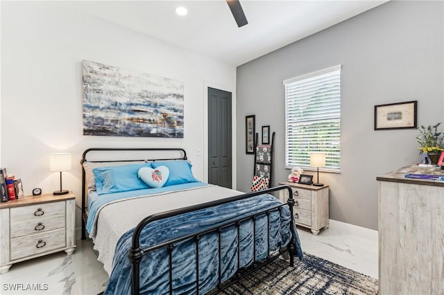 bedroom with marble finish floor, ceiling fan, baseboards, and recessed lighting