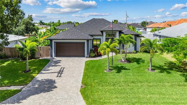 view of front of property featuring a garage, decorative driveway, a front yard, and fence