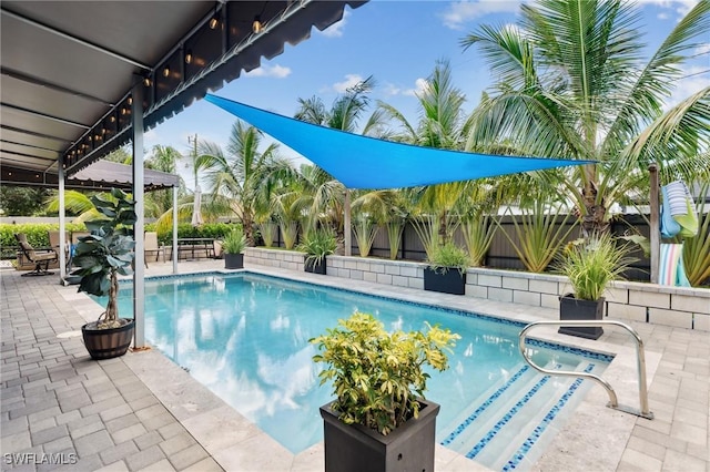 view of pool featuring a fenced in pool, a patio, and fence