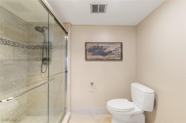 full bath with baseboards, visible vents, a shower stall, tile patterned floors, and toilet