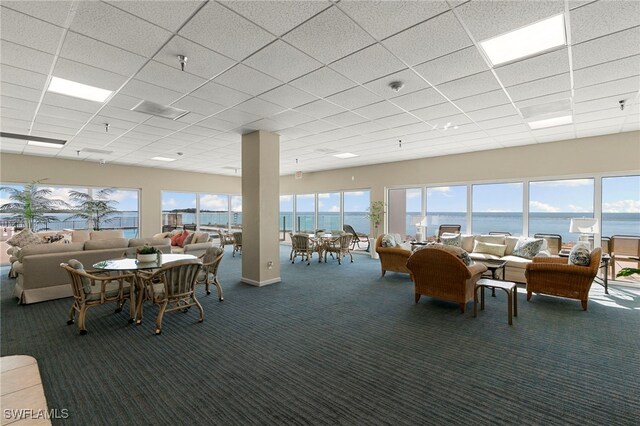 dining space with a drop ceiling and carpet floors