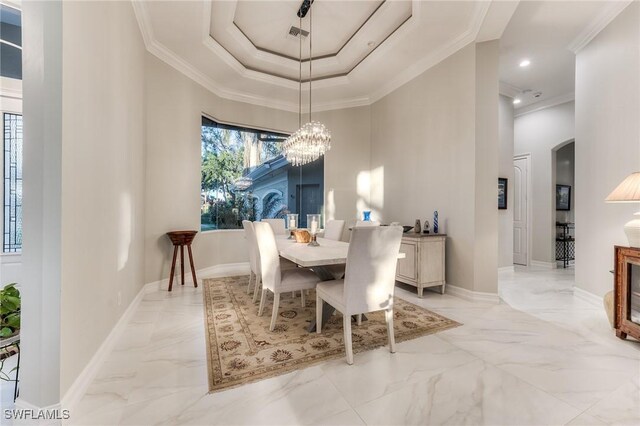 dining area featuring an inviting chandelier, baseboards, marble finish floor, and crown molding