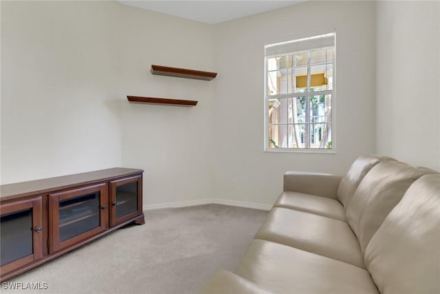 living room with light colored carpet and baseboards