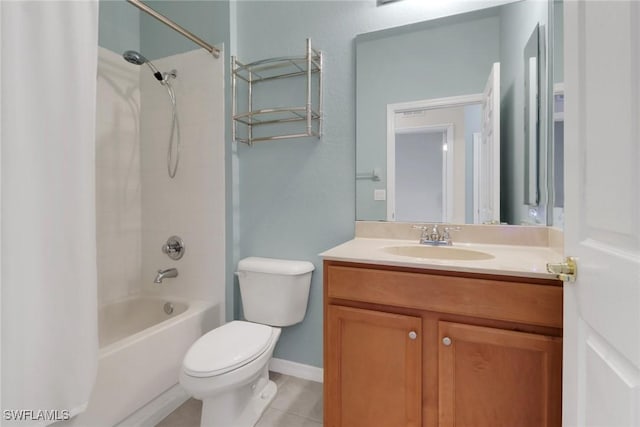 bathroom featuring baseboards, toilet, shower / bath combo, tile patterned floors, and vanity