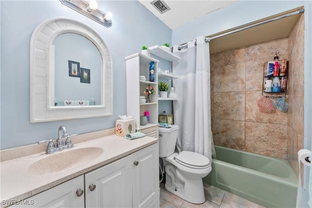 bathroom with visible vents, toilet, tile patterned flooring, shower / bath combination with curtain, and vanity