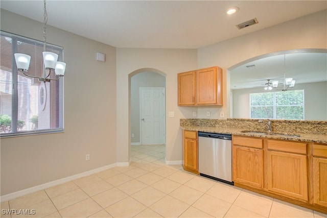 17545 Cherry Ridge Ln, Fort Myers, FL 33967 - kitchen featuring visible vents, a sink, light stone countertops, dishwasher, and ceiling fan with notable chandelier
