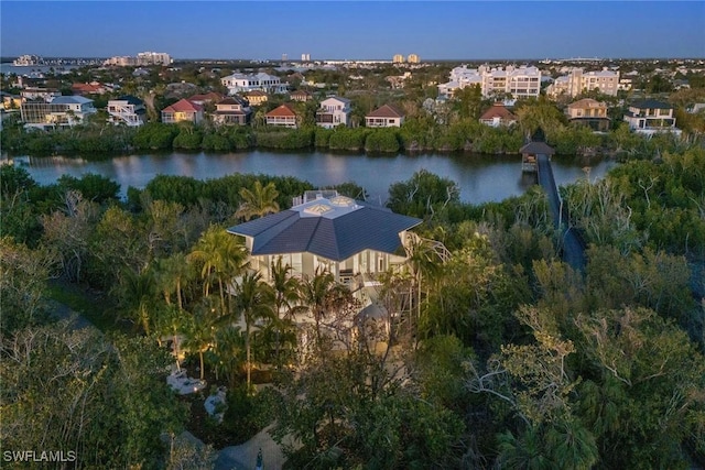 drone / aerial view featuring a water view