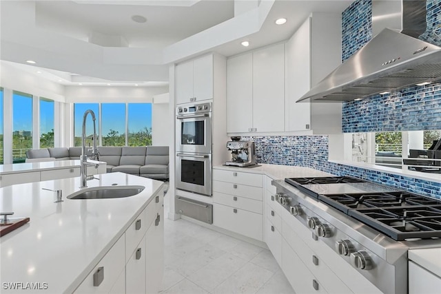 kitchen with a tray ceiling, a sink, stainless steel appliances, a warming drawer, and wall chimney exhaust hood