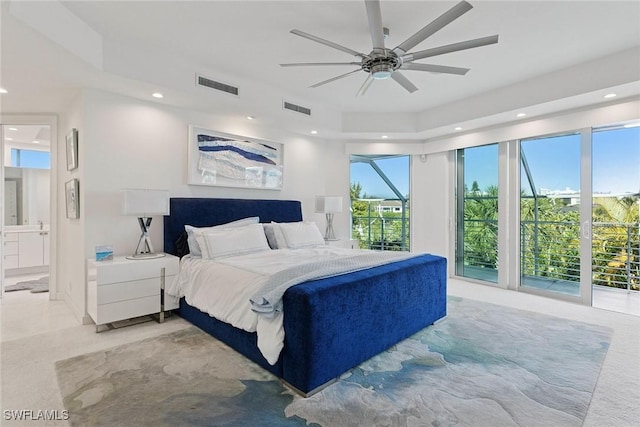 bedroom with recessed lighting, visible vents, and a ceiling fan