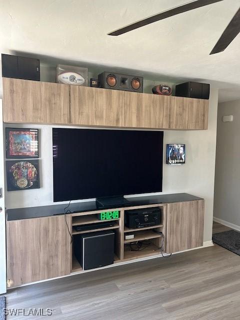 interior space featuring ceiling fan, wood finished floors, and baseboards