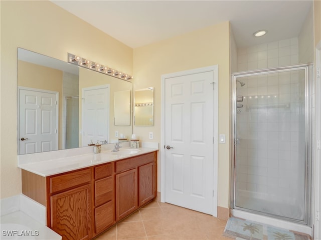 full bath featuring a shower stall, vanity, and tile patterned floors