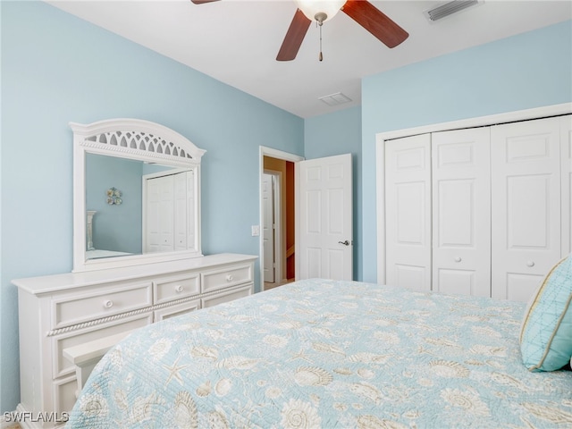 bedroom featuring a closet, visible vents, and ceiling fan