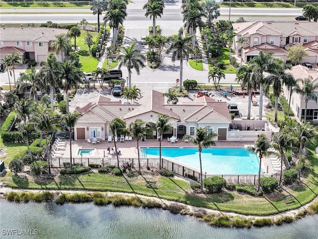 aerial view with a residential view and a water view