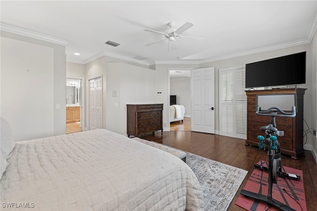 bedroom with hardwood / wood-style floors, a ceiling fan, visible vents, and ornamental molding