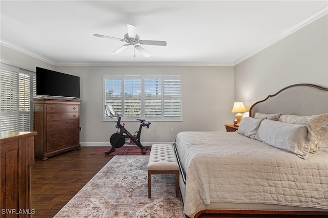 bedroom with dark wood-type flooring, multiple windows, and ornamental molding