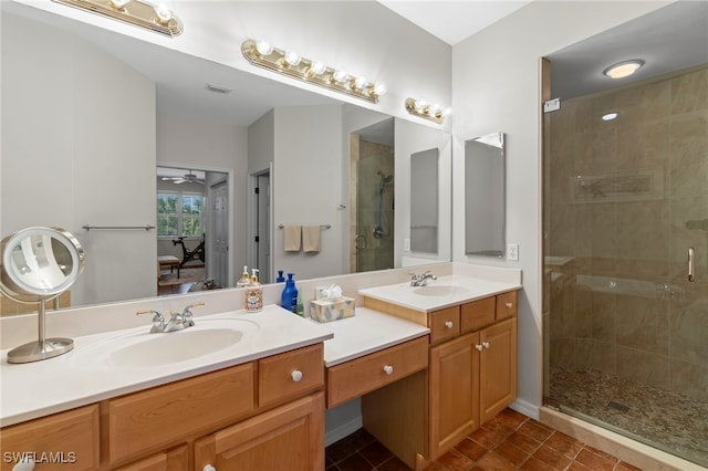 full bath featuring a sink, visible vents, double vanity, and a shower stall