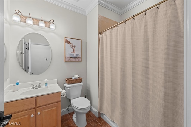 bathroom with baseboards, toilet, ornamental molding, tile patterned floors, and vanity