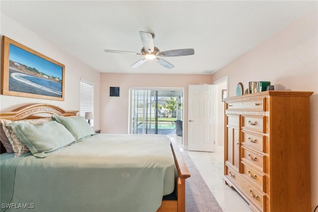 bedroom featuring access to exterior, visible vents, marble finish floor, and a ceiling fan