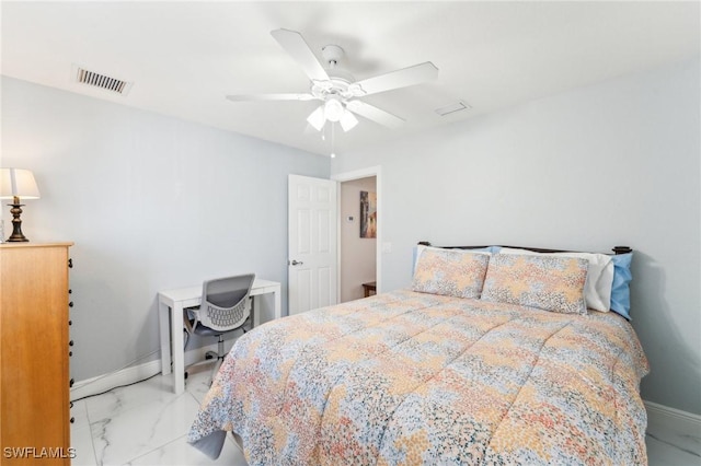 bedroom with visible vents, marble finish floor, baseboards, and ceiling fan