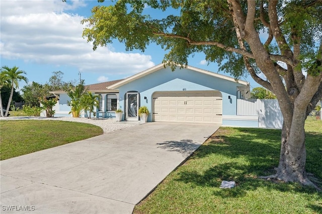 single story home featuring fence, an attached garage, stucco siding, a front lawn, and concrete driveway