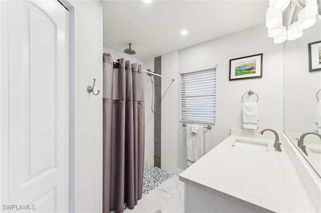 401 SE 14th Ter, Cape Coral, FL 33990 - bathroom featuring marble finish floors, a shower with curtain, vanity, recessed lighting, and a chandelier