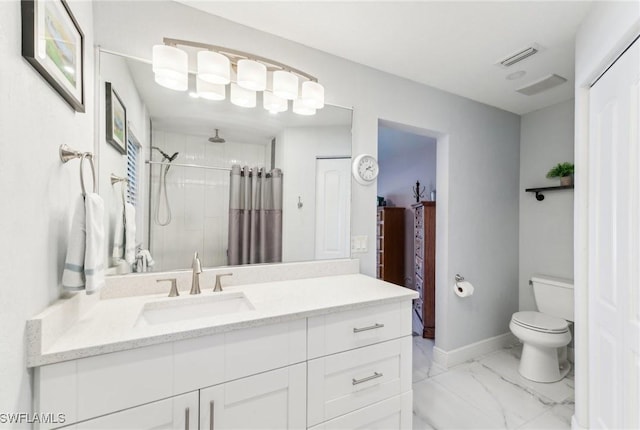 full bath with vanity, a shower with curtain, visible vents, toilet, and marble finish floor