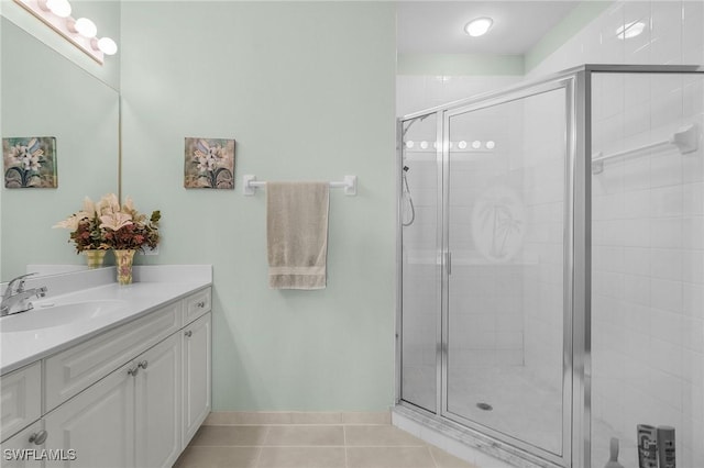 bathroom featuring tile patterned floors, a stall shower, and vanity