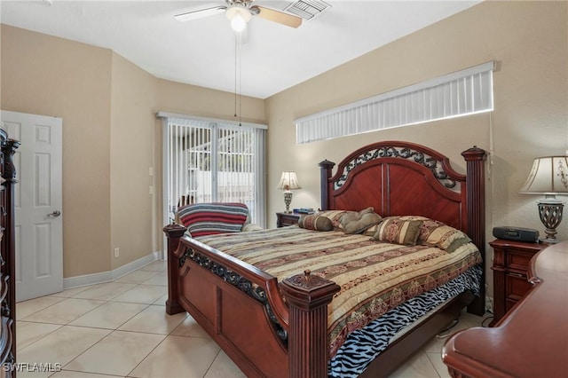 bedroom featuring light tile patterned floors, visible vents, a ceiling fan, and baseboards