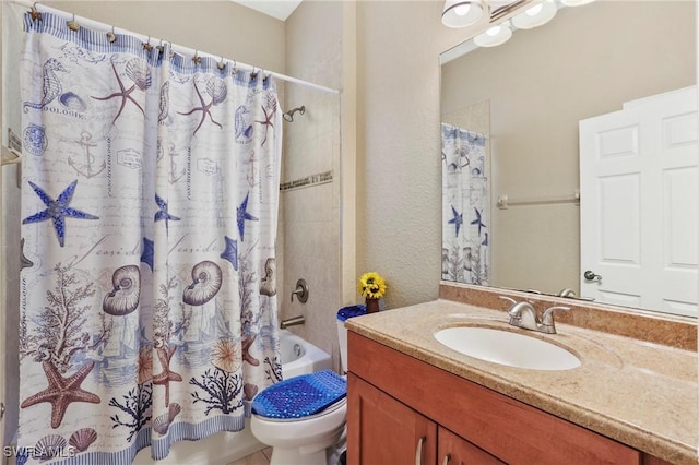 full bath with vanity, shower / bath combination with curtain, toilet, and a textured wall