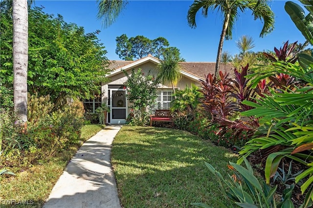 view of property hidden behind natural elements with a front lawn, a tiled roof, and stucco siding