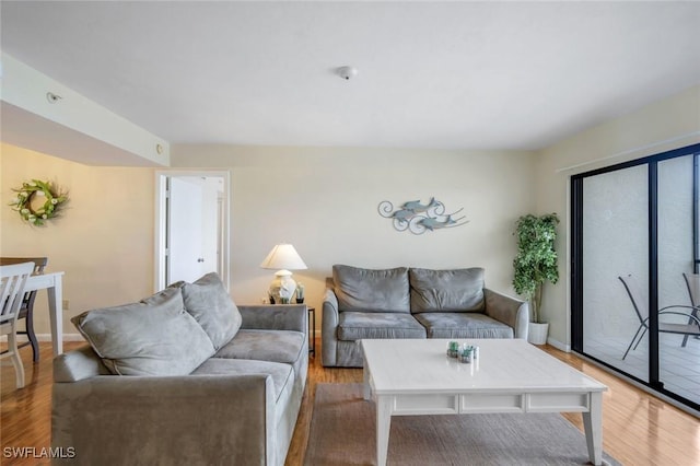 living area featuring baseboards and wood finished floors