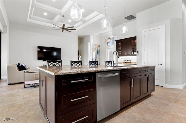 kitchen with visible vents, coffered ceiling, ceiling fan, stainless steel dishwasher, and a sink